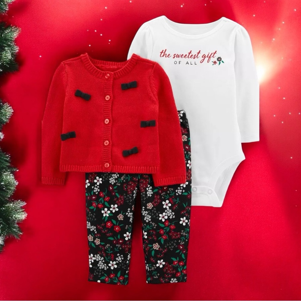 Carter's Red Cardigan and Floral Pants 3pc Set 12 MONTHS